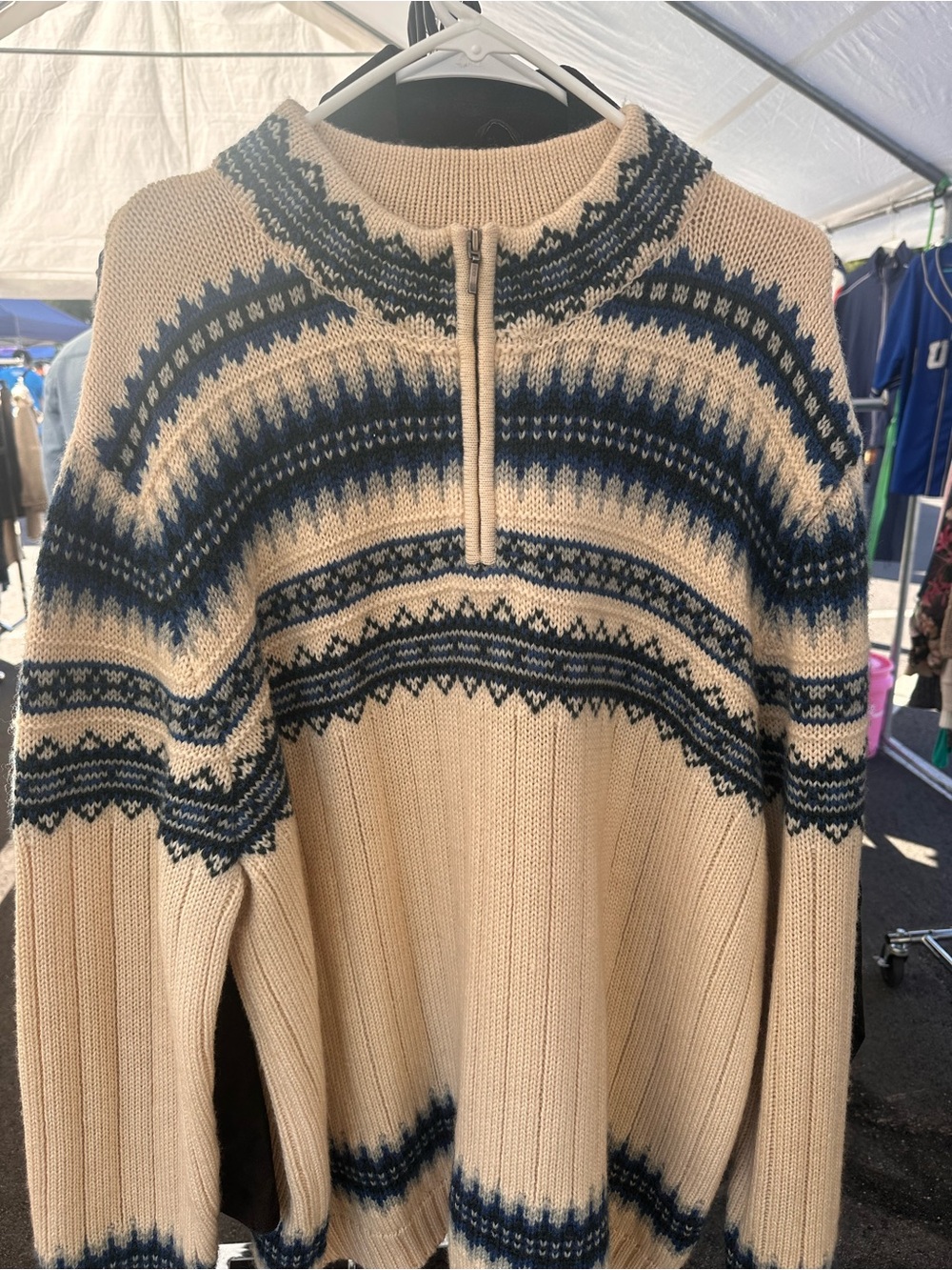 Lands' End Cream and Navy Fair Isle Half-Zip Sweater 100% wool